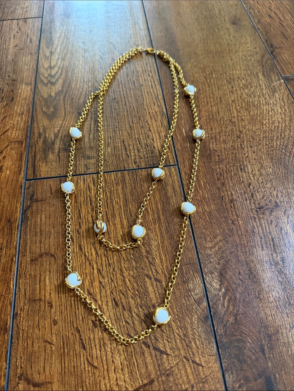 Gold-Tone Long Necklace with White Stone Accents